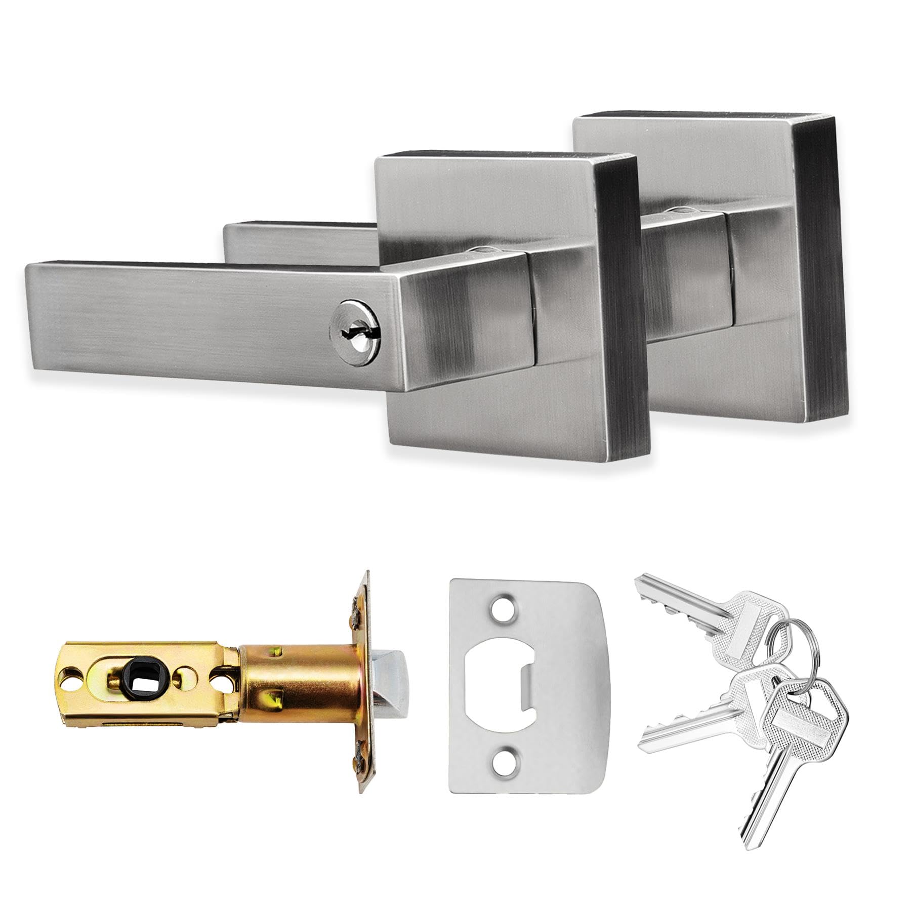 XFORT Quad Entrance Knob Set Satin Chrome, Door Knob with Lock for Internal Wooden Doors, Complete Set with Tubular Latch and 3 Keys