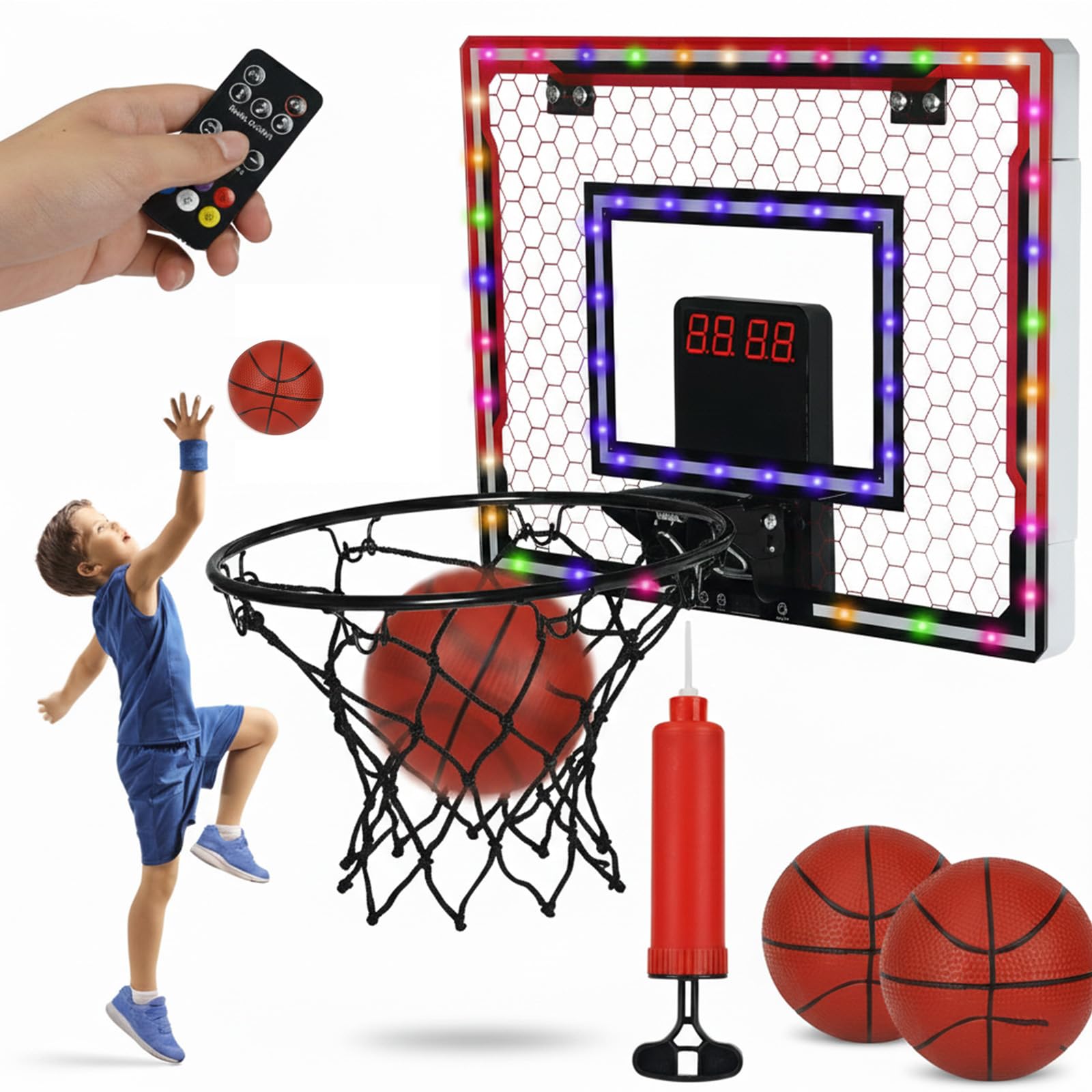 Basketball Hoop Indoor Over the Door with LED Scoreboard and Remote Control Mini Basketball Hoop for Bedroom Includes 3 Balls and Pump Indoor Basketball Hoop for Kids and Family Play