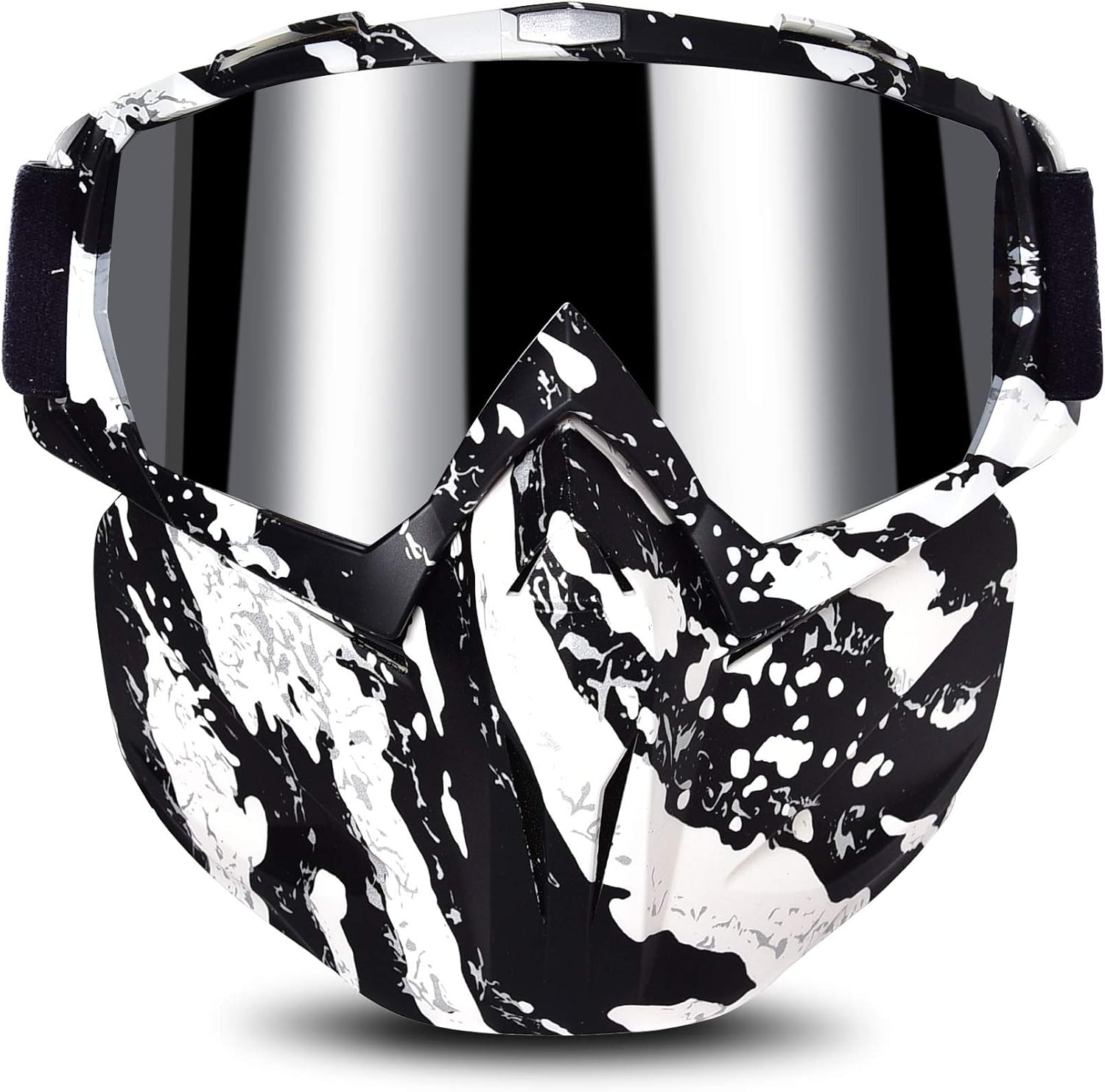 BOLLFO Motorcycle Goggle Mask, Protective Glasses with Detachable Mask for Cycling, Skiing, Paintball, Riding, Halloween Adjustable Windproof Outdoor Anti-Fog Face Mask (White & Black Frame): Sports & Outdoors