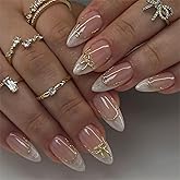 24pcs White French Tip Press on Nails Medium Almond Fake Nails with 3D Bow Acrylic Nails Design Gold Line Stick on Nails Fren