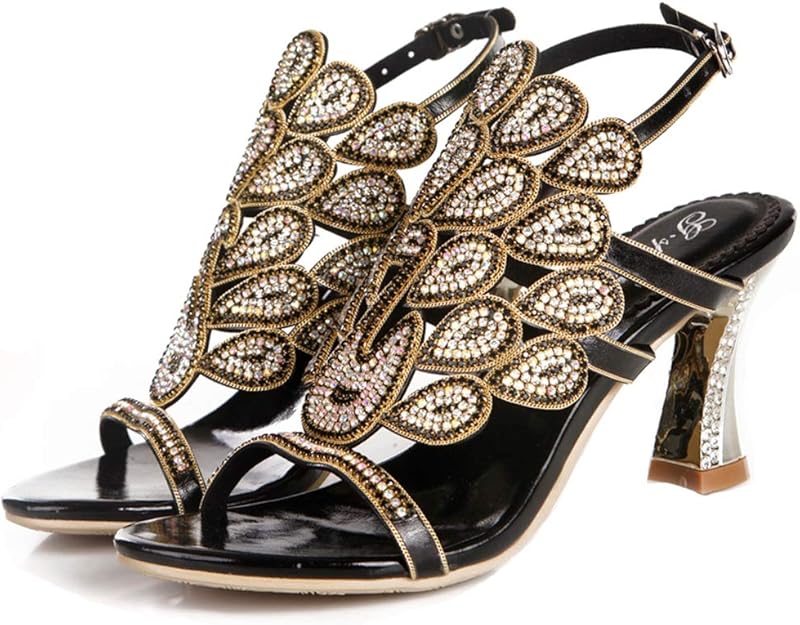 Amazon.com | Rhinestone Sandals Chunky Peacock Style Lady Summer Dress Heels Party Shoes with 