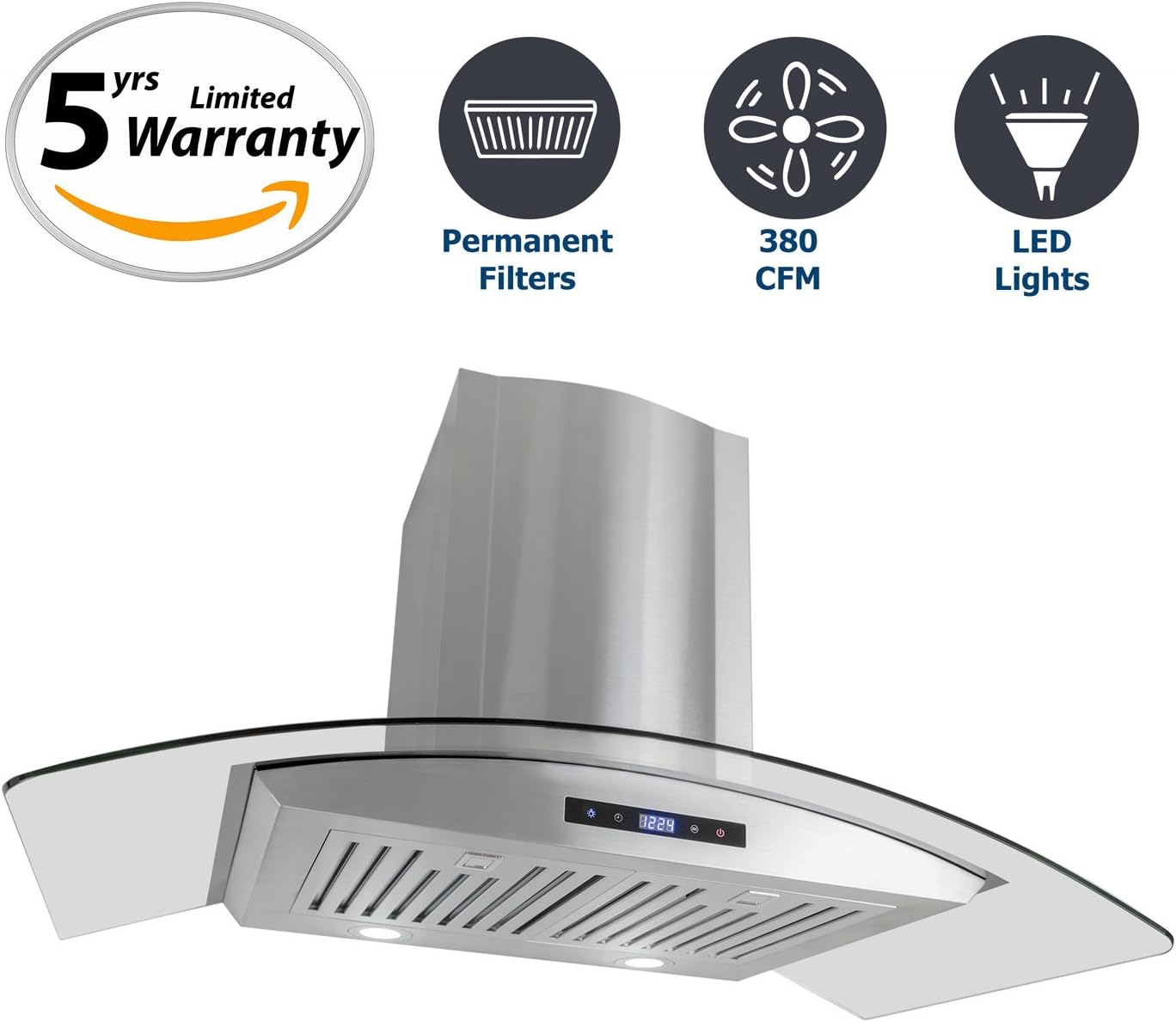 Cosmo 36 in. 380 CFM Ducted Wall Mount Range Hood with Tempered Glass Visor, Touch Controls, Wall Mounted Kitchen Vent Cooking Fan Range Hood with Permanent Filters and LED Lighting