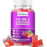 Haohan Saffron Gummies for Kids & Adults - 10-in-1 Supplement with 88.5mg Organic Saffron Extract to Support a Calm Mind & Focus. Sugar-Free, Non-GMO, Strawberry Flavor, 60 Count