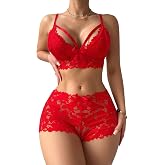 Lilosy Sexy Lingerie Set 2 Piece Women Outfit Bra Panty | Plus Size Lace Sheer Pajamas Strappy Harness Cami High Waist Sleepwear Honeymoon Boudoir Romantic Night Valentine's Christmas
