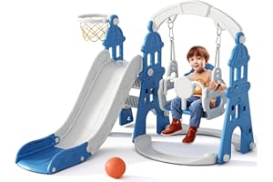 XJD 5-in-1 Toddler Slide and Swing Set, Kids Slide for Toddlers Age 1+, Toddler Outdoor Playset with Basketball Hoop, Swing, Outdoor Indoor Playground for Toddlers 1-3 (Blue)