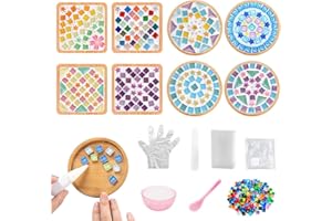 Adboros 8 Sets DIY Glass Mosaic Tiles for Crafts Mixed Color Mosaic Kits with Wooden Coaster for Adults Bamboo Coaster for Drinks Tray Handmade Home Decoration