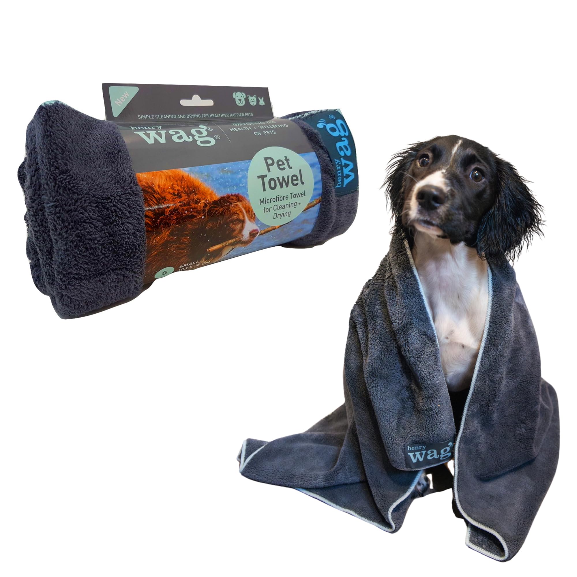 Henry Wag Pet Cleaning Towel - Soft & Highly Absorbent Microfibre, Muddy Pet Accessories, Quick Drying - Designed for Dogs - GRS Recycled Polyester - Small (150 x 100cm)