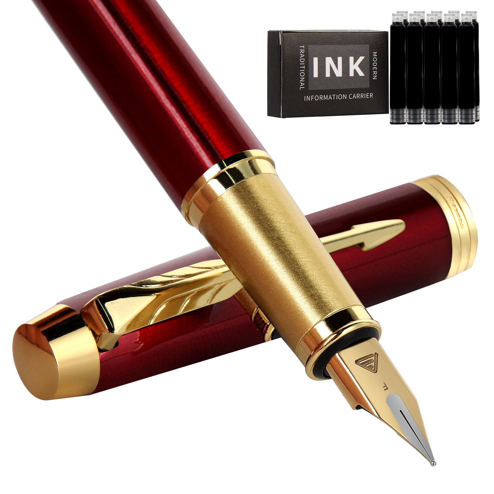 Zalantan Fountain Pen, luxury pens, Fine point smooth writing pens for journaling fancy pens with Gift Case 8 black ink cartridges an ink converte nice pens metal pen writer gifts (Red)