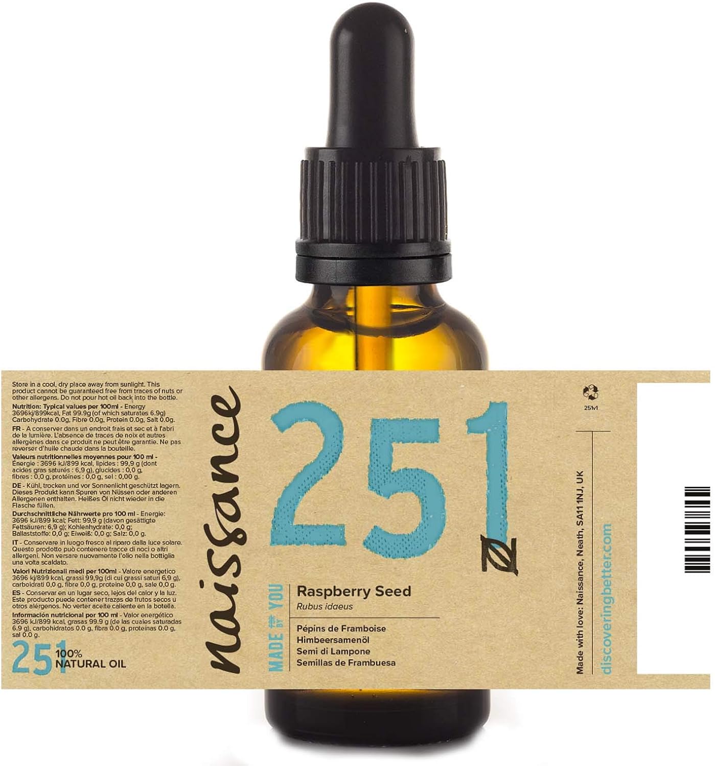 Naissance Red Raspberry Seed Oil (No. 251), 30ml, Natural, Cold Pressed, Vegan, Hexane Free, No GMO - Image 4