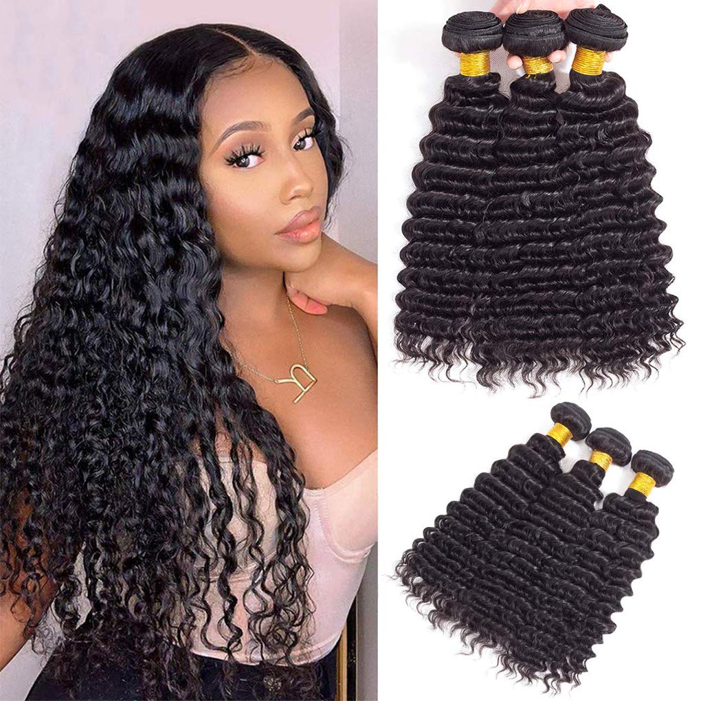 Brazilian Virgin Deep Wave Bundles 100% Unprocessed Deep Curly Human Hair 3 Bundles Deep Human Hair Weave Natural Color (12 14 16Inch, Deep 3 bundles)