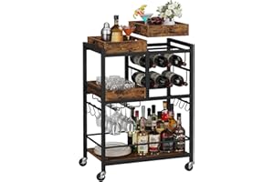 TUTOTAK Bar Cart, Home Bar Serving Cart, 3-Tier Kitchen Cart on Wheels, Rolling Beverage Cart with Wine Rack and Glass Holder, Brown BC01BB037