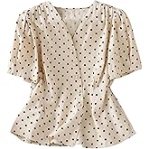 SweatyRocks Women's Polka Dots Button Front Blouse Dressy Casual Puff Sleeve Wrap V Neck Tops