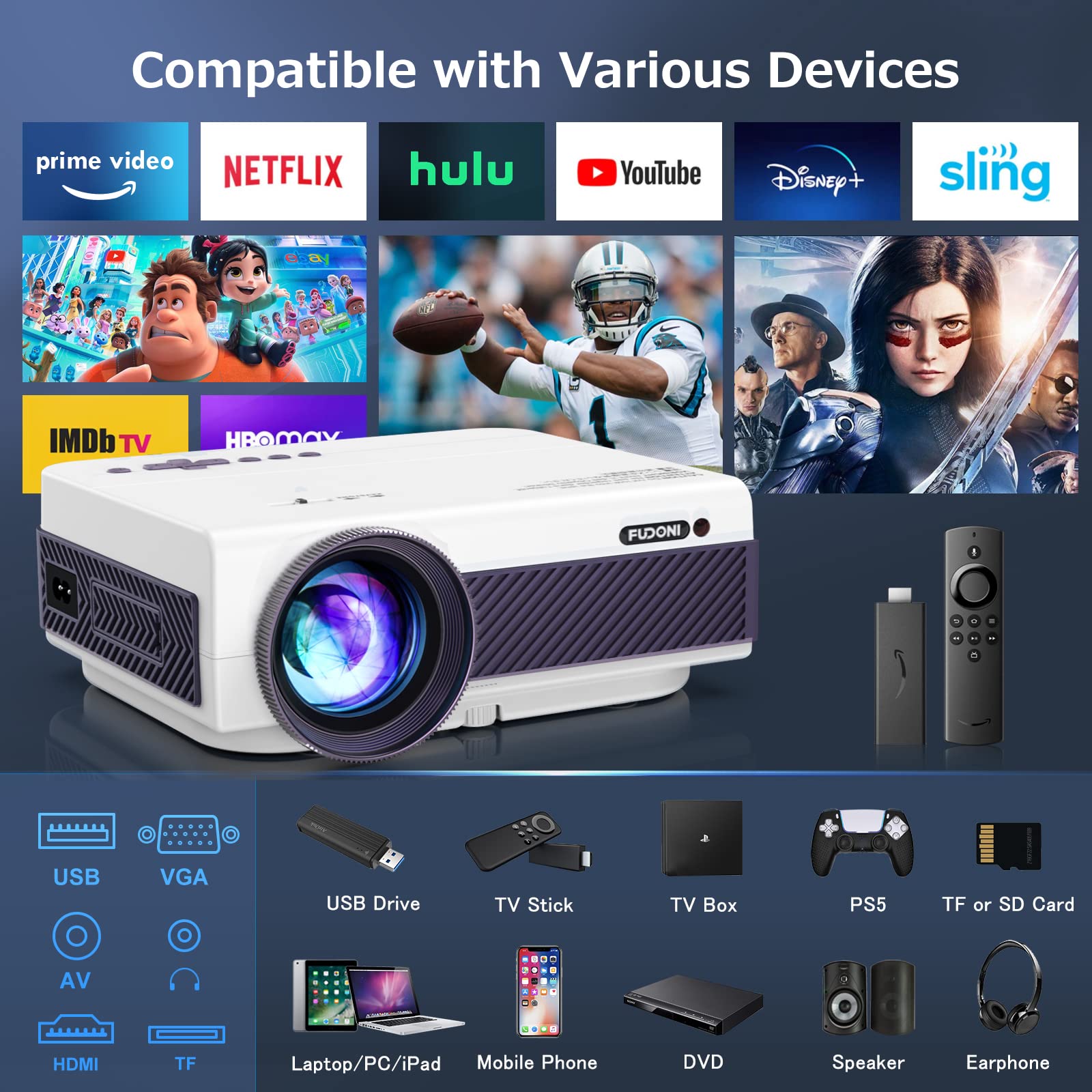 Vga Projector Mua Projector with WiFi and Bluetooth, FUDONI 5G WiFi Native 1080P ...