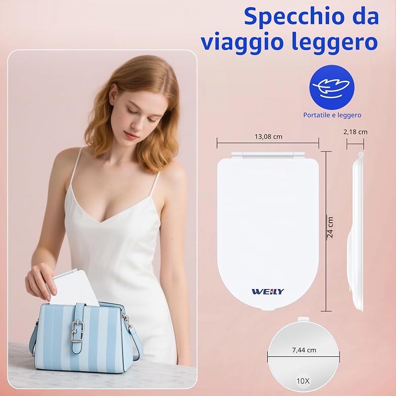 Specchio cosmetico con illuminazione, 10 interruttori touch, pieghevole da viaggio con 3 colori chiari, ad ultrasuoni con luce
