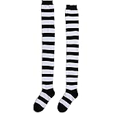 Womens Plus Size Black & White Striped Witch Socks | Costume Thigh High Stockings | Halloween Party Outfit Accessory
