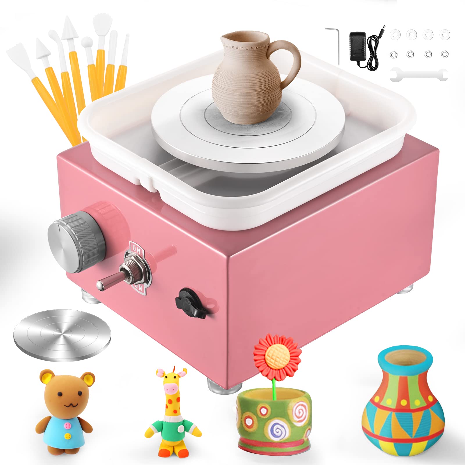 Mini Pottery Wheel 2000RPM Electric Pottery Wheel with Removable ABS Basin and 6.5cm-10cm Turntable Fingertip Clay Wheel Adjustable Speed Clay Tool Machine for Art Craft Gift (Pink)