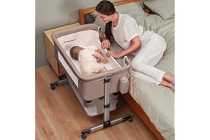 SOOBABY Baby Crib,3 in 1 Bedside Crib Adjustable Portable Bed for Infant,Baby Bassinet Baby Newborn Must Have Bed, Khaki