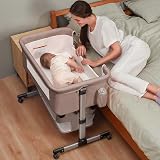 Soobaby Baby Crib,3 in 1 Bedside Crib Adjustable Portable Bed for Infant,Bassinet Baby Newborn Must Have Bed, Khaki