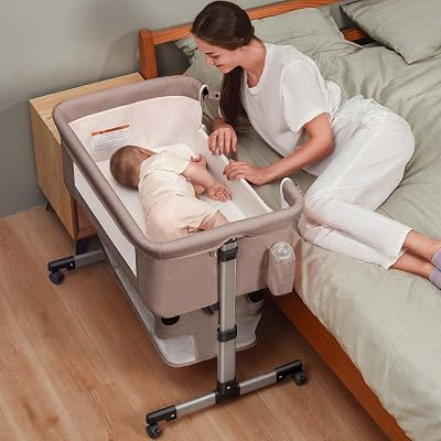Soobaby Baby Crib,3 in 1 Bedside Crib Adjustable Portable Bed for Infant,Bassinet Baby Newborn Must Have Bed, Khaki