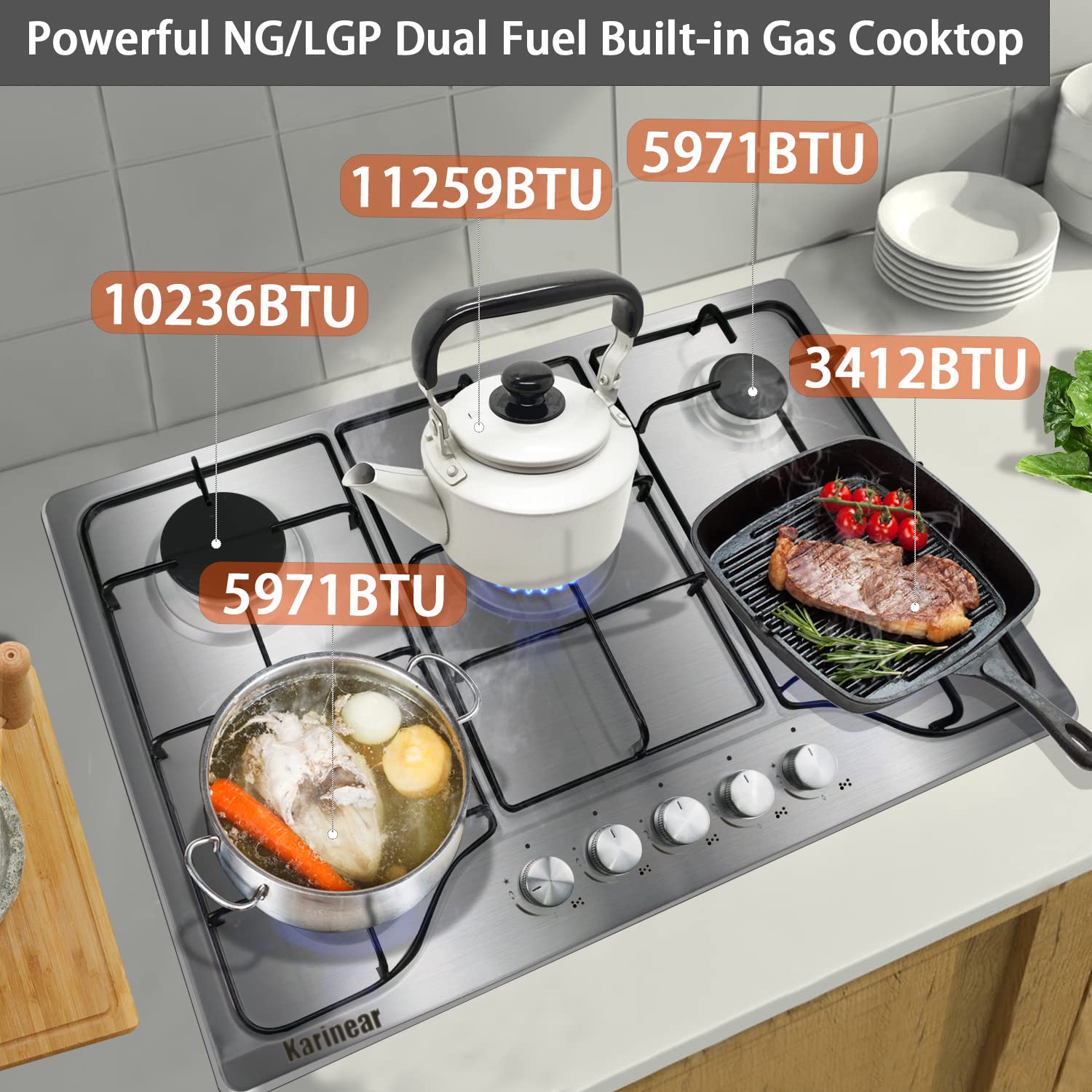 Karinear Gas Stove Cooktop 30 Inch 5 Burners, Built-in Stainless Steel Gas Hob, NG/LPG Dual Fuel Stovetop with Thermocouple Protection for Apartments, Indoor (Come with Pressure Regulator)