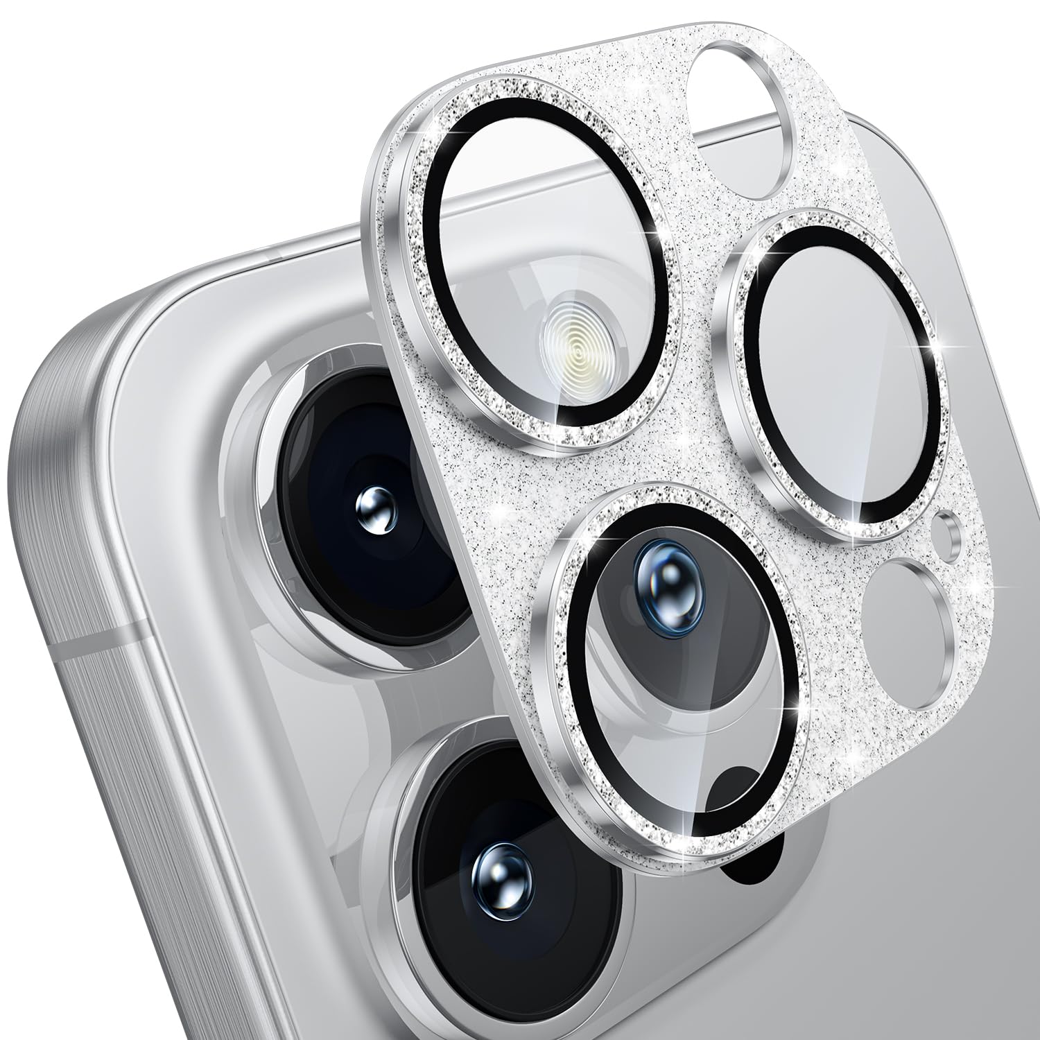 WSKEN for iPhone 15 Pro/iPhone 15 Pro Max Camera Lens Protector - Matte [Shatterproof Test] 9H Tempered Glass Camera Screen Protector Scratch Resistant Metal Ring Cover Accessories Glitter Silver
