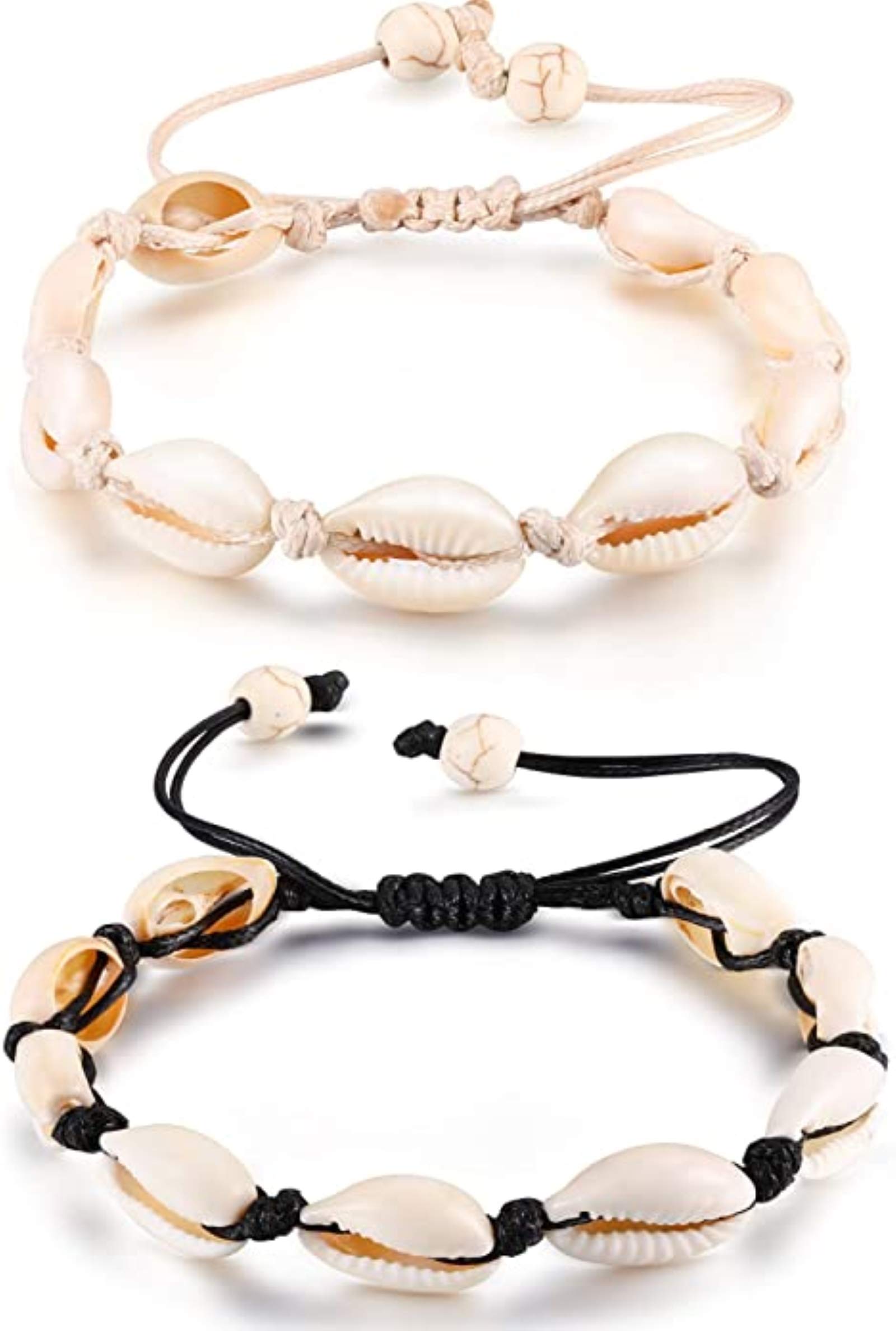 Kuesn 2 Pieces Adjustable Shell Bracelets Anklets Set Natural Cowrie Shell Beads Puka Seashells Ankle Jewelry for Men Women (White+Black)