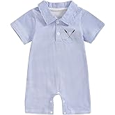 Dewadbow Baby Boy Summer Outfit Short Sleeve Embroidery Collared Romper Lapel Button Striped Bodysuit Jumpsuit Clothes