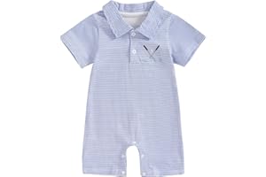 Dewadbow Baby Boy Summer Outfit Short Sleeve Embroidery Polo Romper Lapel Button Striped Bodysuit Jumpsuit Clothes