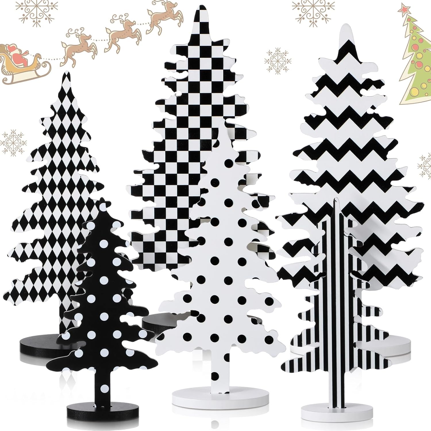Ornaments - Kigley 6 Pieces Black and White Wood Christmas Tree Sign Decor Christmas Decorative Freestanding Trees Xmas Tiered Tray Decor Tabletop Christmas Tree for Home Office Party Farmhouse Table Centerpieces