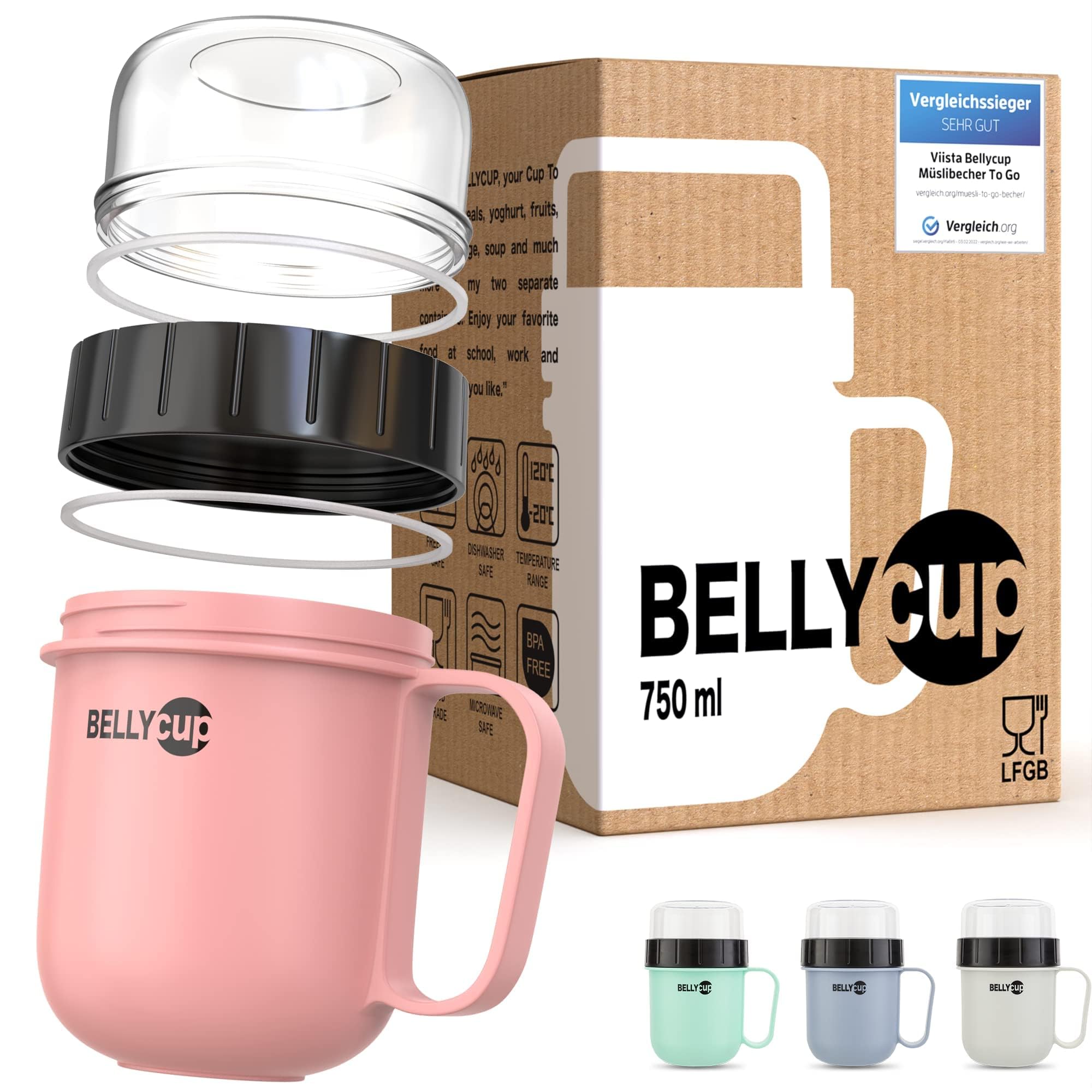 BELLYCUP Cereal Cup To Go - BPA - Your Practical Cereal Cup for Travelling - In Grey, Pink or Blue - Yogurt Porridge Salad Soups Porridge Mug To Go For The Perfect Meal Between Pink
