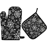 susiyo Christmas Black White Snowflake Oven Mitt and Potholder Set, Heat Resistant BBQ Gloves for Kitchen Cooking Grilling