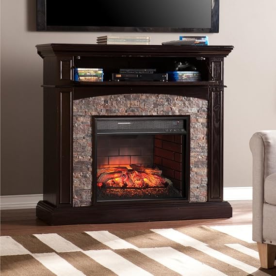 Southern Enterprises Grantham Faux Stone Fireplace TV Stand in Ebony