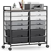 Rolling Storage Cart with 12 Drawers, Wooden Tabletop Utility Cart for Craft Storage, Art Supply Storage & Home Office Organization, Teacher Cart with Wheels for Classroom Organization, School (Grey)