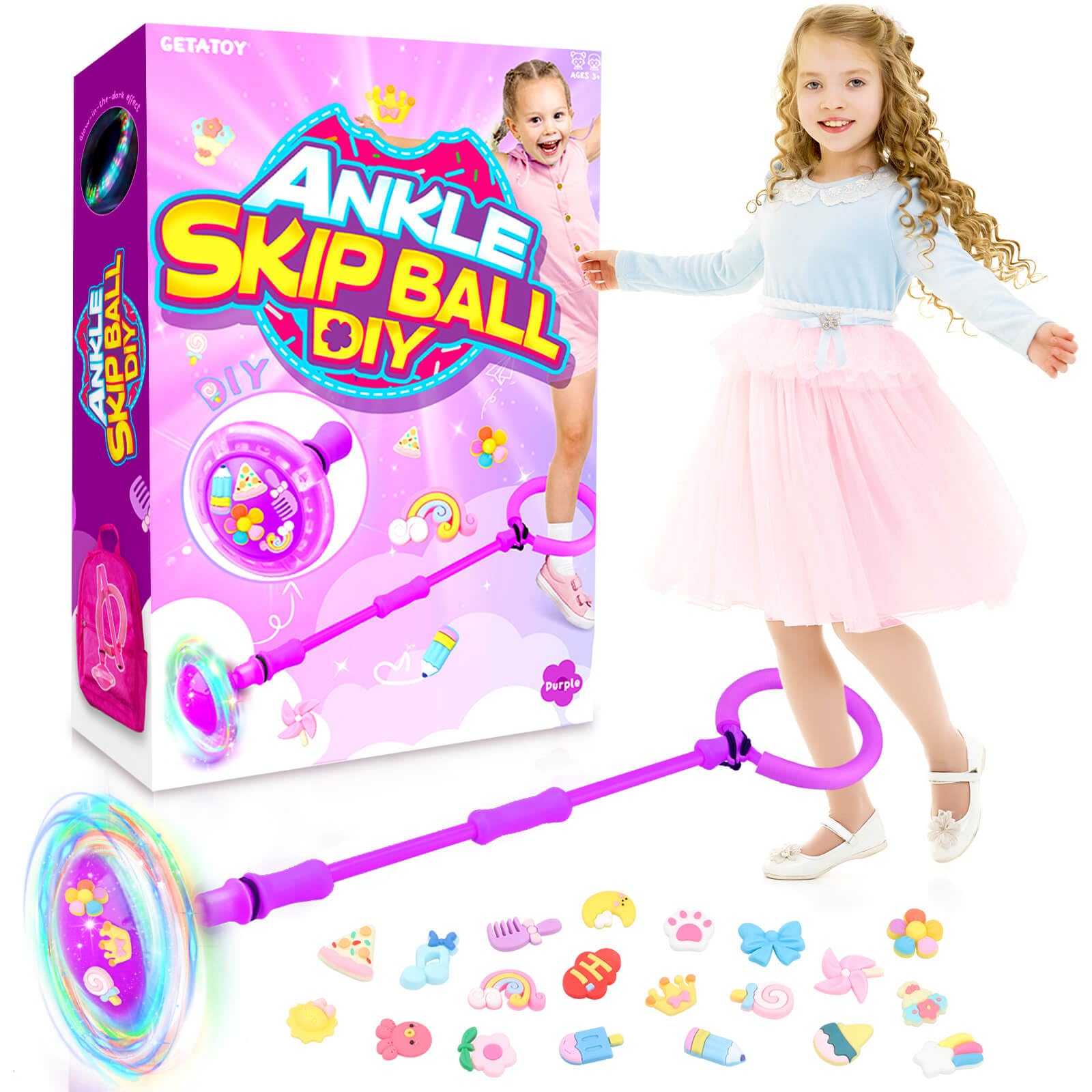Getatoy Toys for 3-8 Year Old Kids: Ankle Skip Ball Toy for Kids Gifts for 3 4 5 6 7 8 9 10 Year Old Boys Girls Flashing Wheel Skip Ball Fitness Sports Toy Outdoor Skipping Game Toys Purple