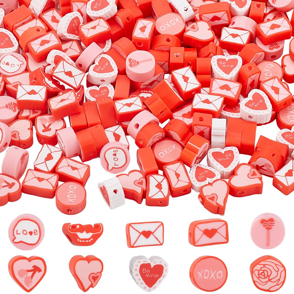 SOFPLATE 1 Box 300Pcs Valentines Clay Beads Polymer Clay Beads Holiday Heart Red Tone Love Letter Loose Spacer Bead for Jewellery Making Supplies Bead Assortments DIY Bracelet Earring Necklace Crafts