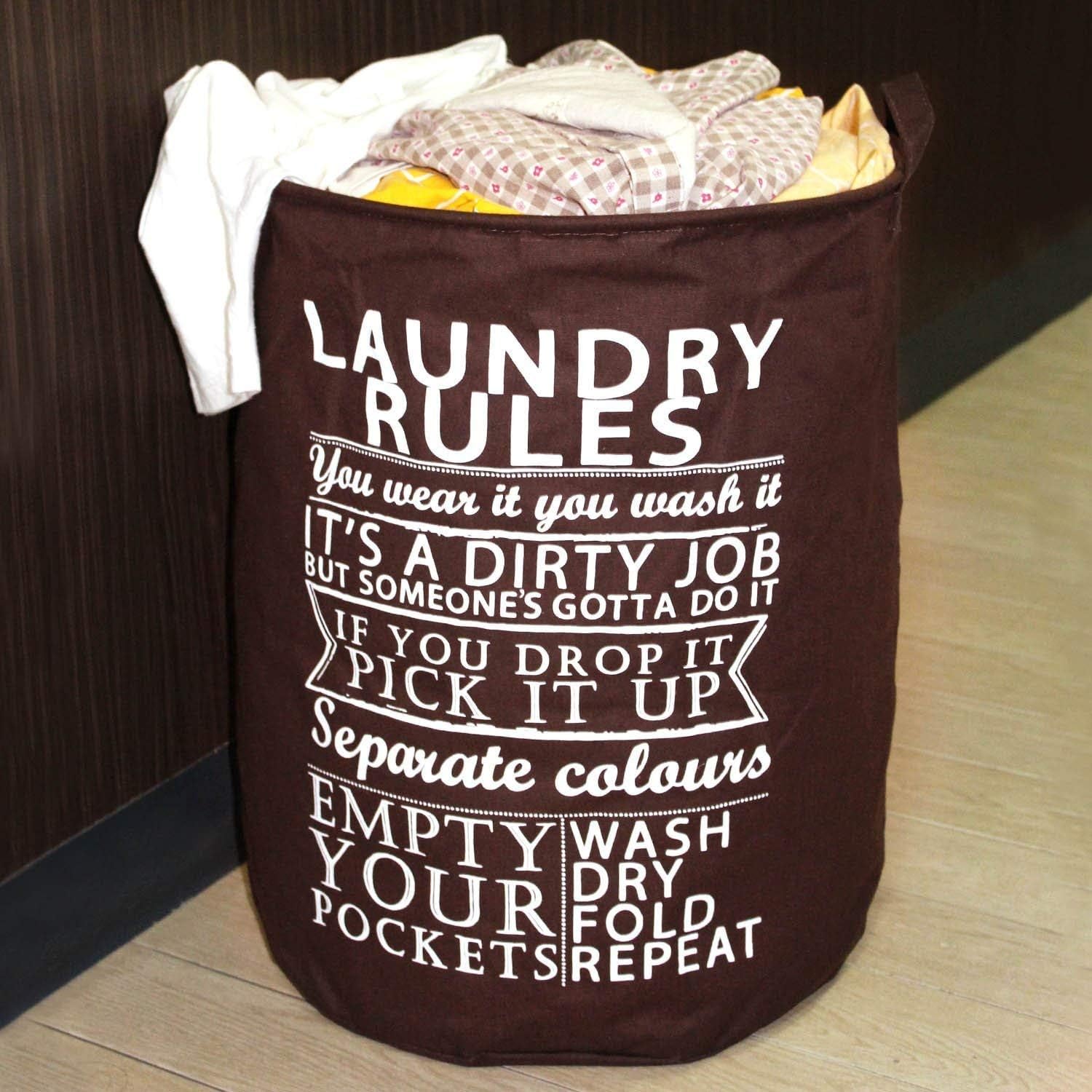 HOUSE OF WAX® Foldable Round Large Collapsible Laundry Hamper Dirty Clothes Storage Basket Toys Organizer Bag Elegant Letter Laundry Bucket with Handles (Laundry Rules)(Brown)