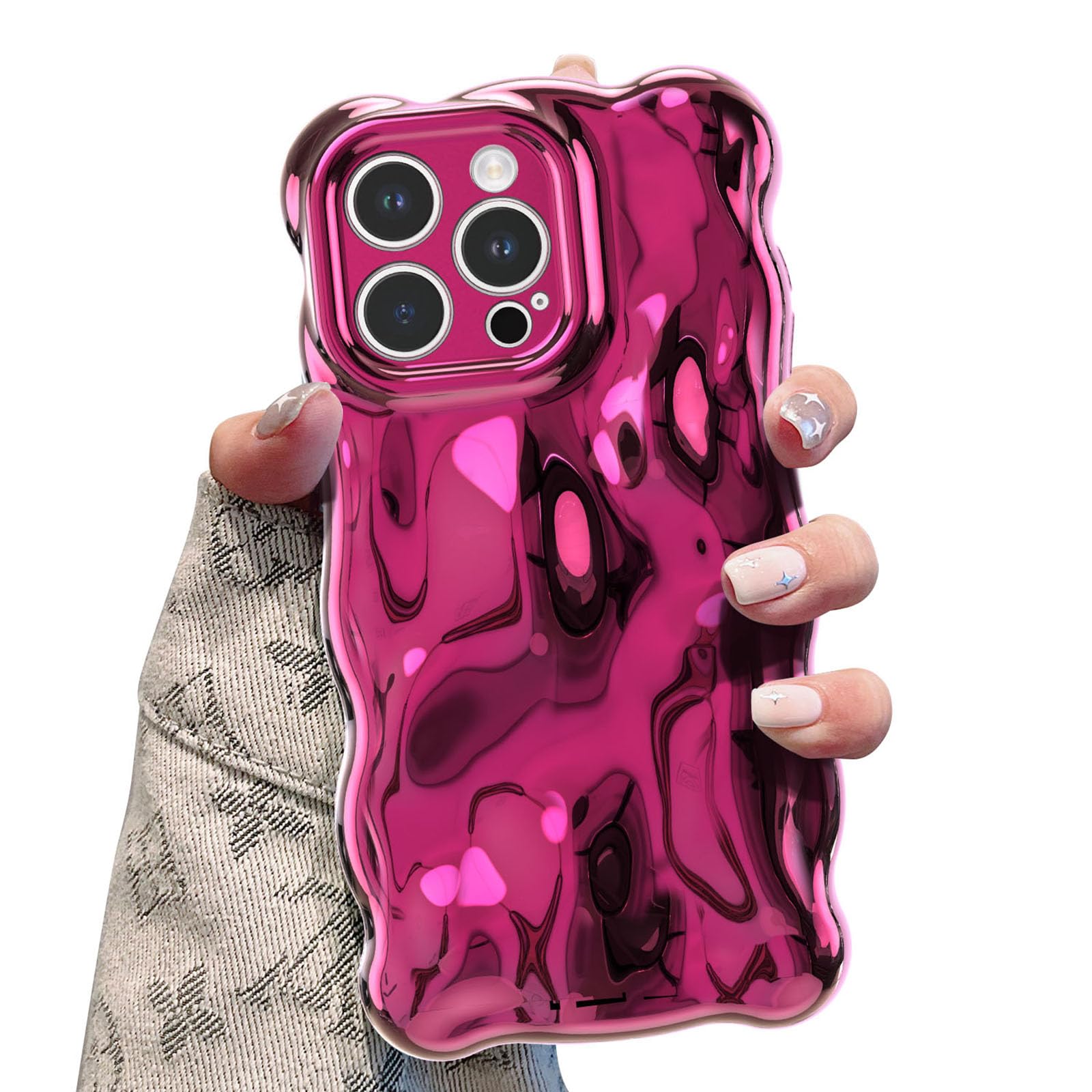 UEEBAI Case for iPhone 16 Pro Max, Cute Solid Color Curly Wave Shape Shockproof Soft TPU Bumper Phone Case, Candy Water Ripple 3D Silicone Slim Pretty Case Non-yellowing Cover-Plated Hot Pink