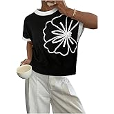 MakeMeChic Women's Bow Sweater Cute Summer Tops Plaid Short Sleeve Crew Neck Y2K Knitted Pullover