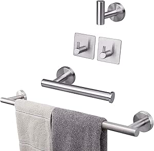 Powstro [5pcs] Juego de toallero de acero inoxidable, soporte de toalla de baño montado en la pared, 1 barra de toalla, 1 toallero de papel, 3 ganchos ...