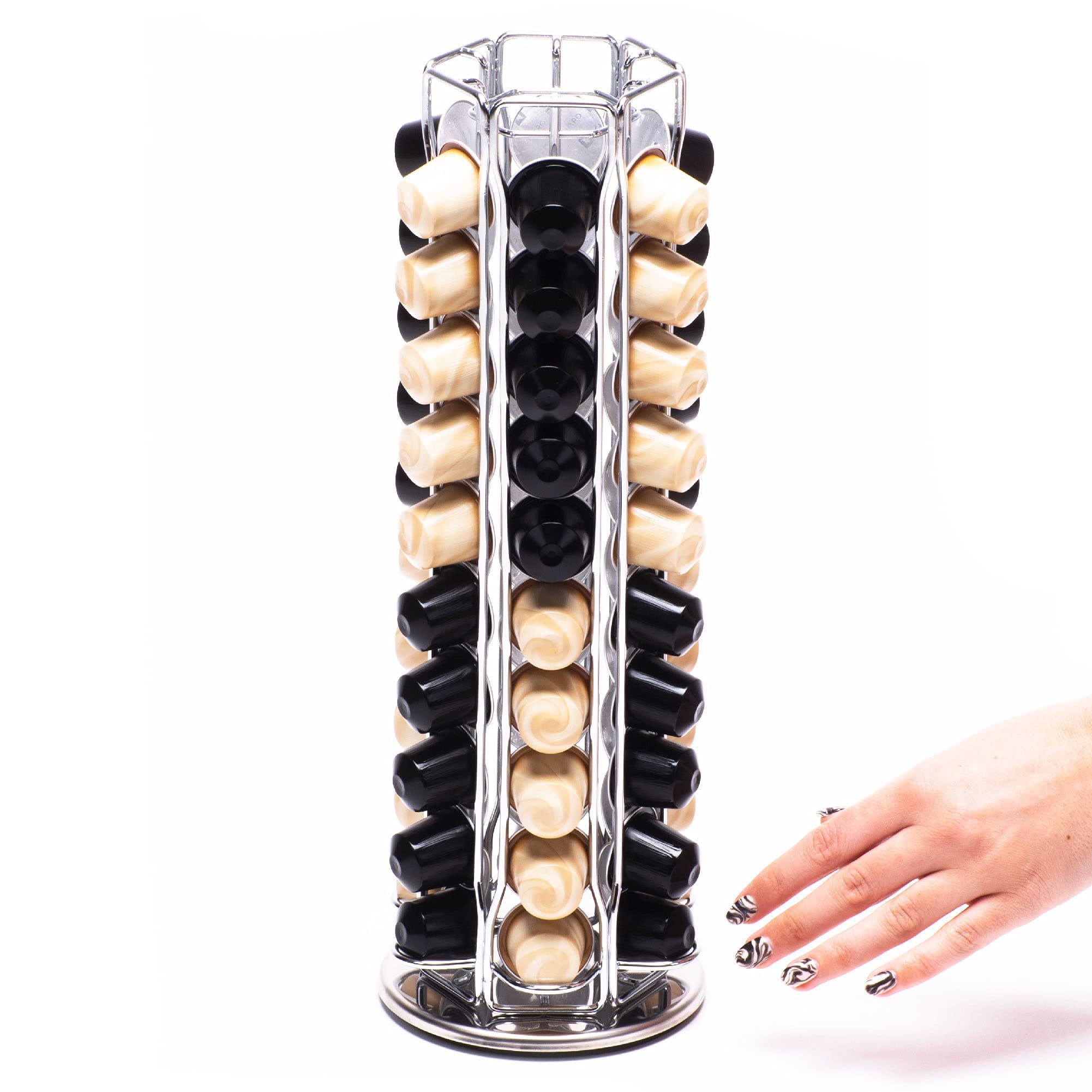 Peak Coffee Capsule Holder Stand for 70 Nespresso Original Line Pods - Revolving Tower Rack Dispenser for Storage & Organisation - Modern Chrome Finish - 360 Degree Revolving