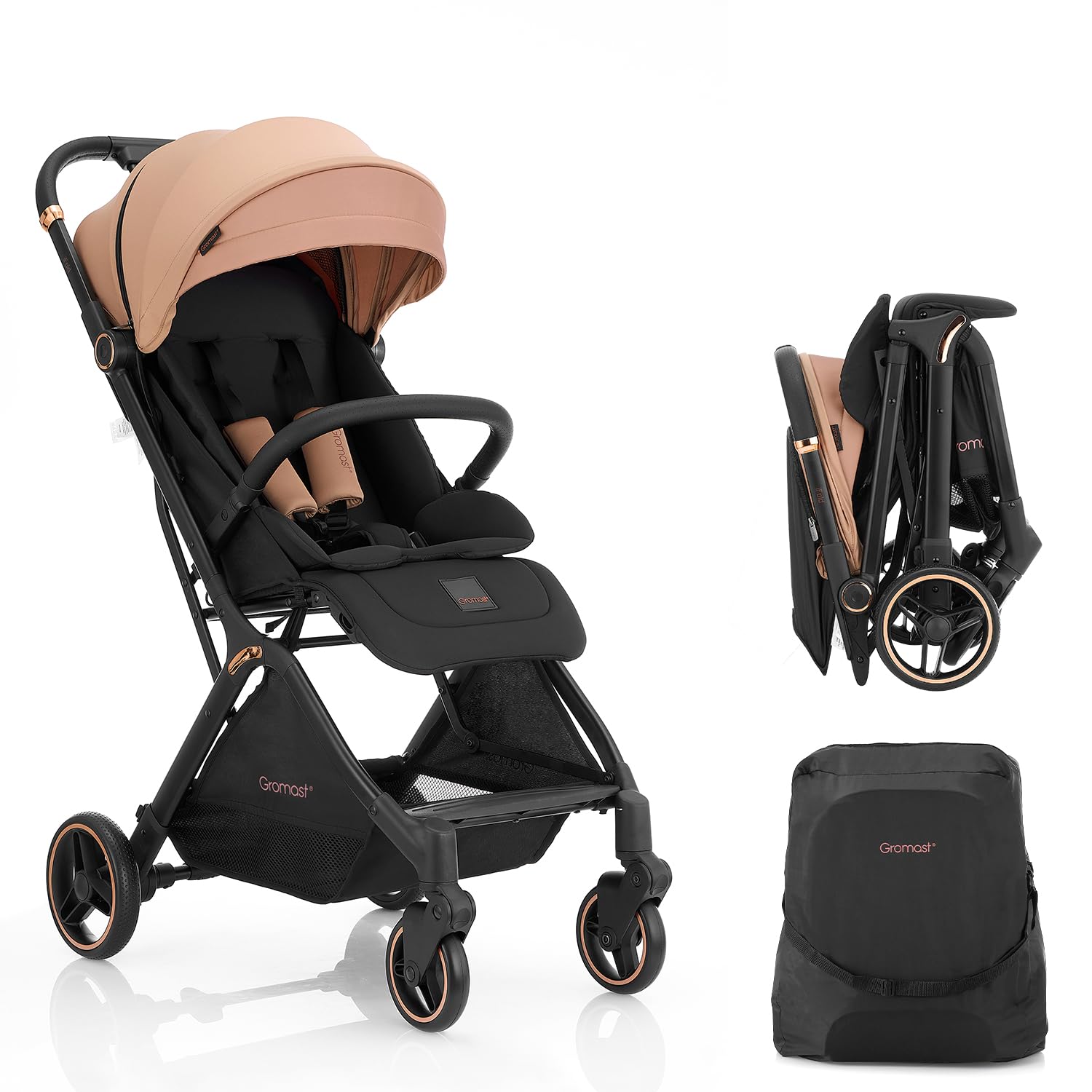 Photo 1 of **MINOR USE WEAR**Gromast Gravity Folding Baby Stroller - Portable Travel Toddler Stroller w/Adjustable Backrest & Canopy, Cup Holder, Lightweight and UV Protected, One-Hand Automatic Folding - Khaki