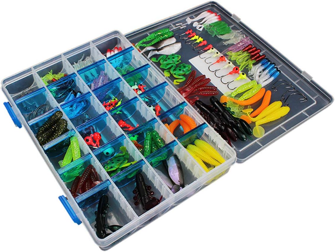 LAEMALLS146PCS Mixed Fishing Lure, kit of Soft Lure, Soft Plastics Shrimp Worm Single hook Treble Hook, Life-Like Fishing Bait, Great for both freshwater and saltwater, equipe with Tackle Box#5