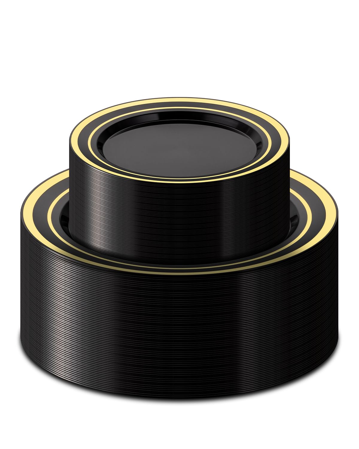 Photo 1 of 100PCS Black Plastic Plates Set with Gold Rim, 50 10.25 inch Dinner Plates and 50 7.5 inch Dessert Plates, Premium Disposable Plates forfor Party, Wedding, Holiday,And Halloween