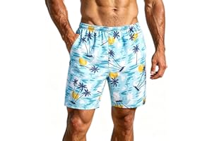 Shorts for Men Elastic Waist Lightweight Hawaiian Floral Print Board Short Summer Casual Beach Pant with Pockets