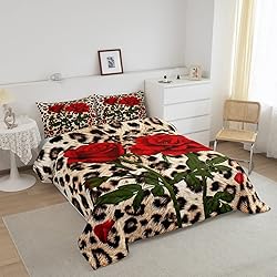 Leopard Comforter Set Red Rose Printed Quilted