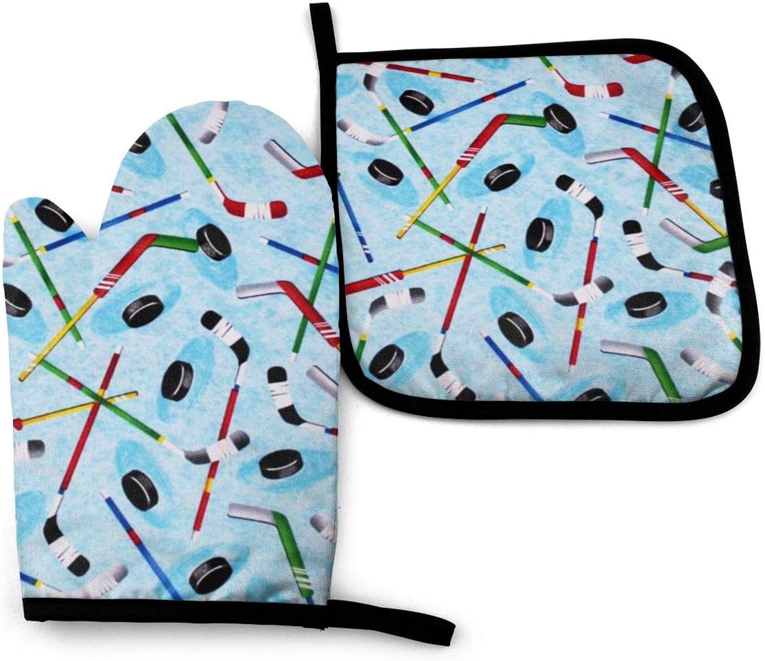 Ice Hockey Oven Mitts and Potholder Set -Heat Resistant Oven Gloves to Protect Hands with Non-Slip Grip Hanging Loop for Baking Kitchen Grilling