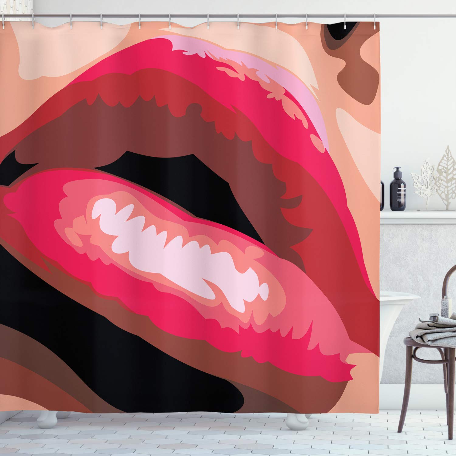 ABAKUHAUS Retro Shower Curtain, Lips Woman Mouth Red Lipstick on Posing Charming Gestures Artprint, Cloth Fabric Bathroom Decor Set with Hooks, 86 Inches Extra Long, Coral and Tan
