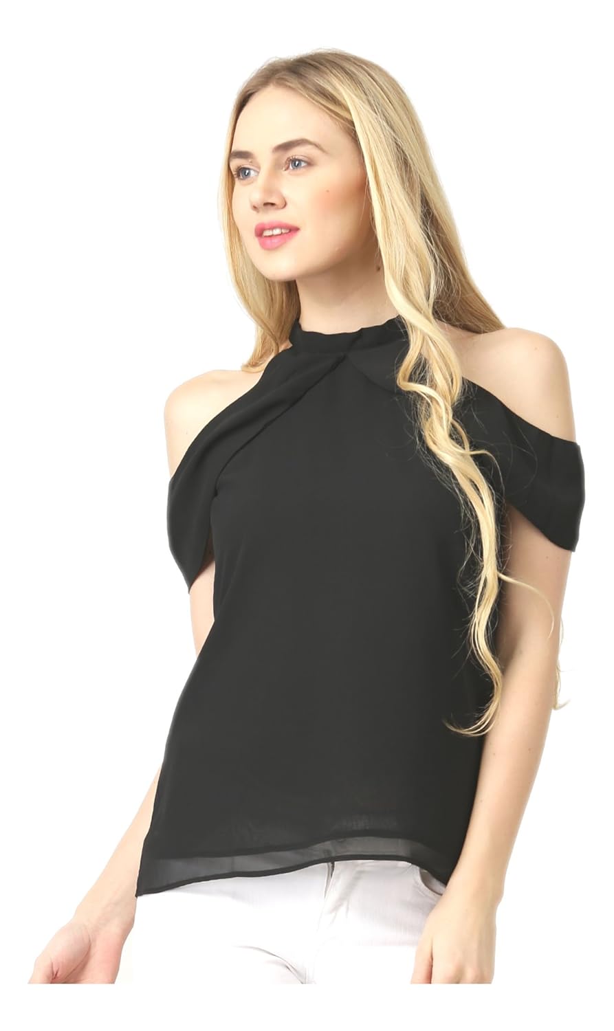 marie claire black georgette cold shoulder top (mc10146a)