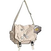 Inshere Aesthetic Crossbody Bag with Cute Pins and Ornament, Nylon Shoulder Messenger Bag Japanese Kawaii Bag for Women Men