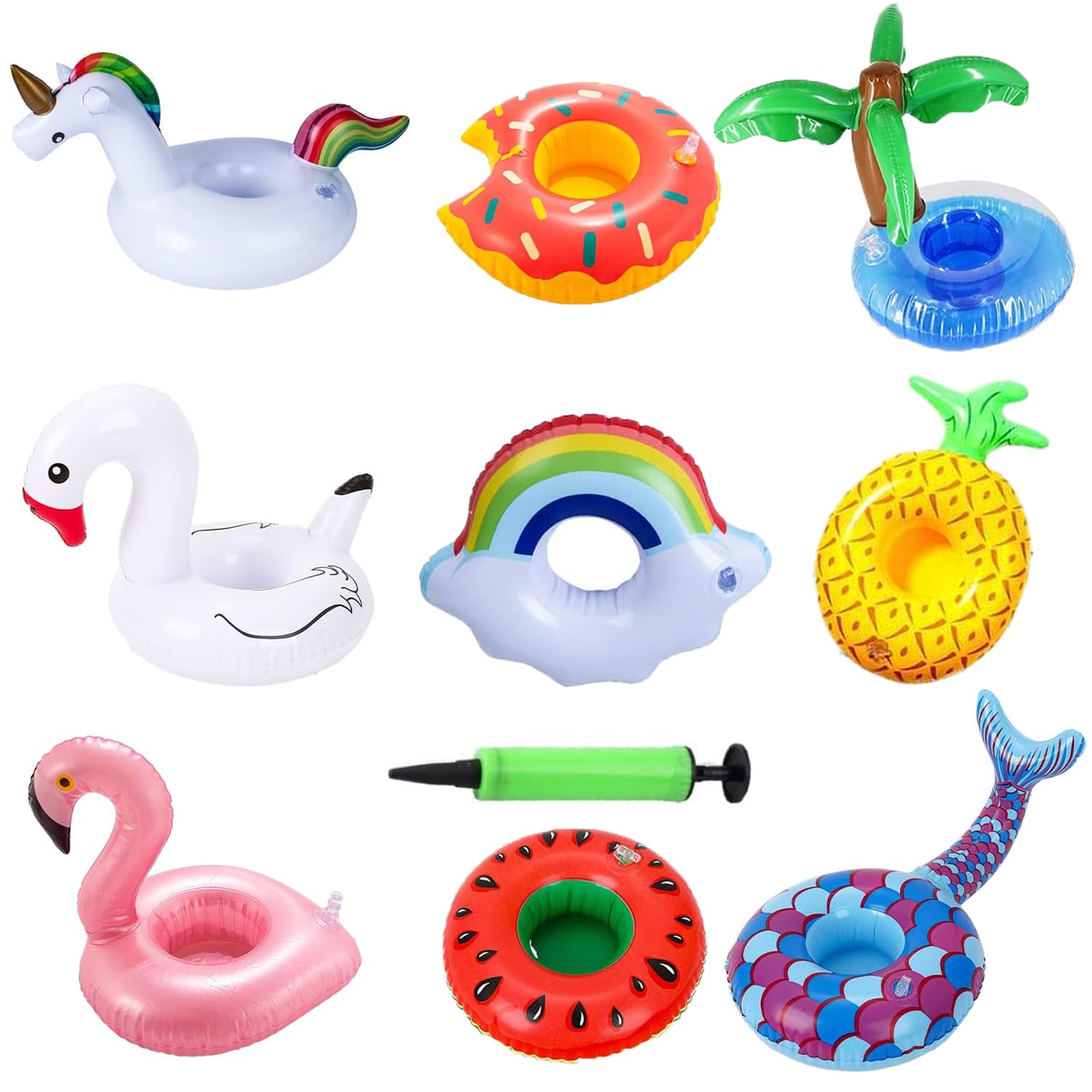 Fyvadio Inflatable Drink Holder, 9 pack Inflatable Cup Pool Drink Holder Floats Coasters with Air Pump, Inflatable Floating Drinking Holders for Summer Pool Party